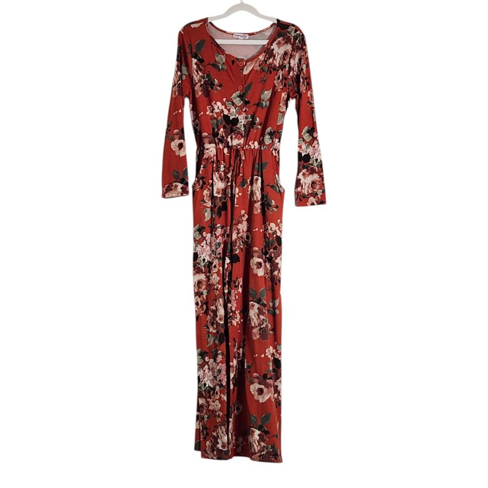 Chenault Girl Size 10 Orange Floral Long Sleeve Jumpsuit Button Up Tie Waist